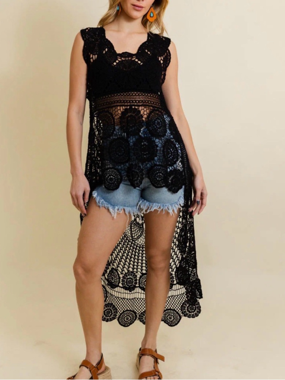 Adora One Size Boho Bliss Black Crochet Sleeveless Top NWOT